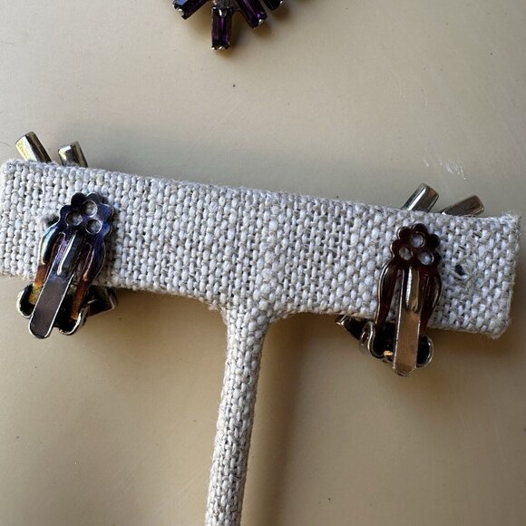 VTG 1950s Choker Necklace 15" Aurora Purple Crystal Rhinestone Earrings 1" - Picture 10 of 12
